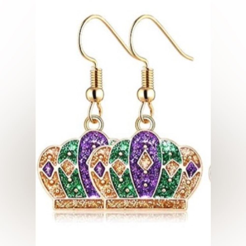 Mardi Gras Purple Green and Goldtone Crown Dangle Earrings - New